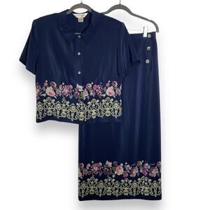 Casual Corner 100% Silk 2 Piece Top Shirt Skirt Size 8 Blue Floral Long Skirt